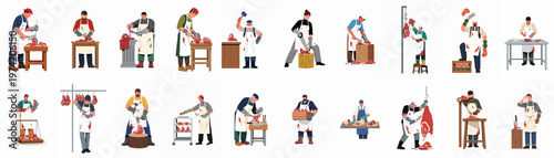 Collection of professional male and female butchers in aprons processing and cutting raw meat with various tools and equipment on white background.