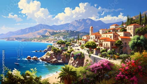 A serene coastal town perched on a cliffside overlooking the ocean