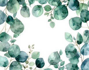 Watercolor eucalyptus leaves create a natural frame on white