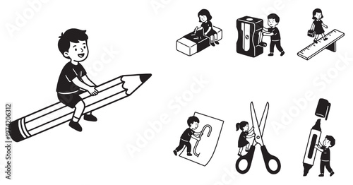 Children engaging with school supplies and creative activities, illustrating learning and imagination.