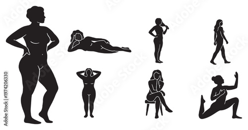 Collection of diverse female body silhouettes in various poses, representing different body types and movements.