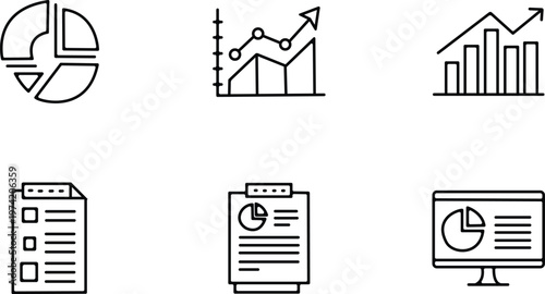 Financial data analysis icons pie charts graphs and reports in line art style