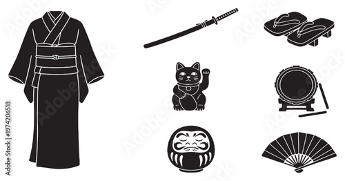 Collection of Japanese cultural icons including a kimono, katana, fan, and lucky cat.
