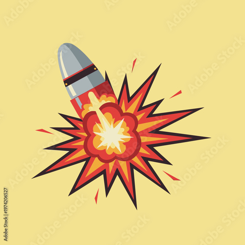 Exploding Rocket Missile Launching with Fiery Blast and Smoke