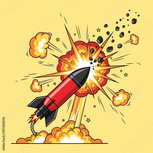 Exploding Rocket Launch Mishap: Fireball, Debris, and Smoke Clouds on Yellow Background