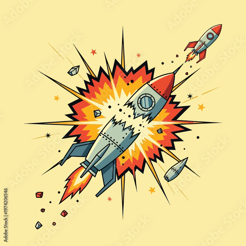 Exploding Rocket Ship Mid-Flight with Debris and Smaller Rocket Escaping