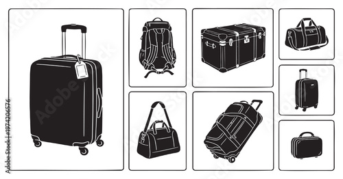 Collection of various types of luggage and travel bags, including suitcases, duffel bags, and backpacks, presented in a clean, graphic illustration style.