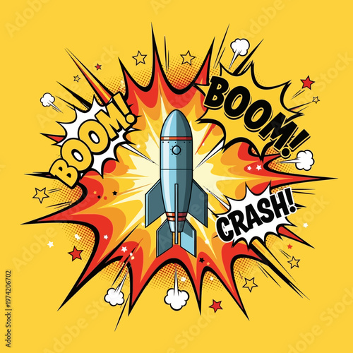 Retro rocket launch with comic book style explosion and sound effects