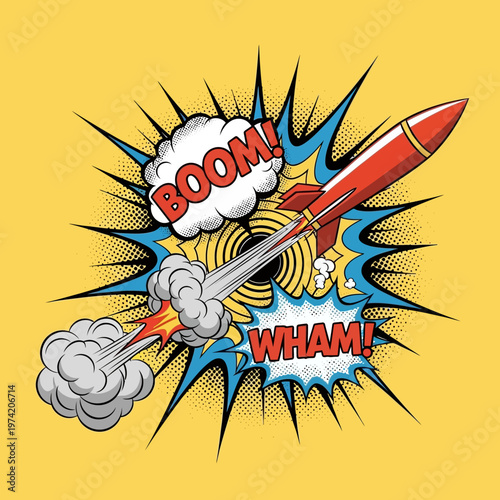 Retro Rocket Launching with BOOM and WHAM sound effects in comic book style