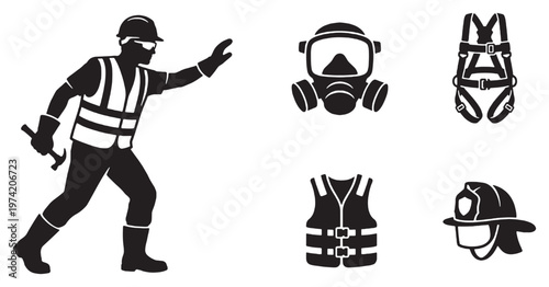 Construction worker with safety equipment and personal protective gear icons.