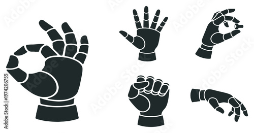 Set of five black robotic hands in different poses, isolated on a white background.