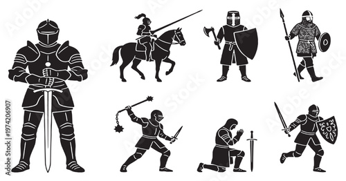 Collection of Silhouettes of Knights in Various Poses and Armor, Illustrating Medieval Warfare and Chivalry.