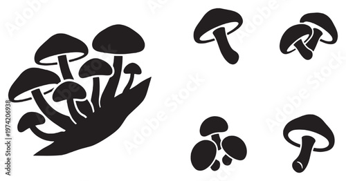 Set of black silhouette illustrations of various mushrooms on a white background.