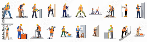Vector illustrations of construction workers using heavy-duty power tools like jackhammers, drills, and saws in various industrial and building maintenance scenarios.