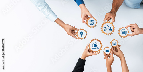 Tableau sur toile A diverse group of hands interacts with gears that symbolize collaboration and innovation in business processes