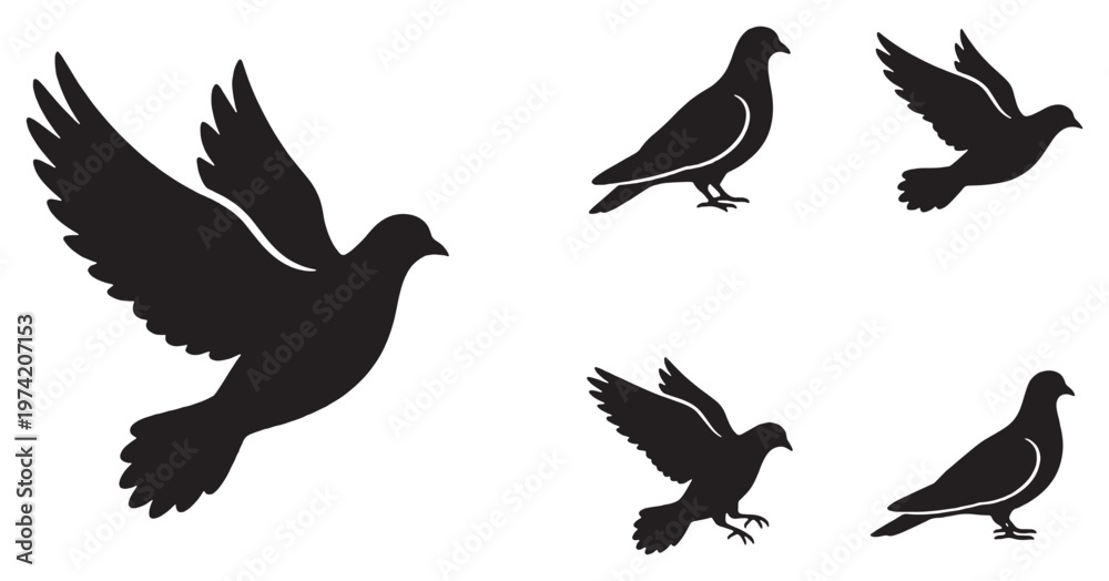 Fototapeta premium Collection of black silhouette doves in various flying and standing poses on a white background.