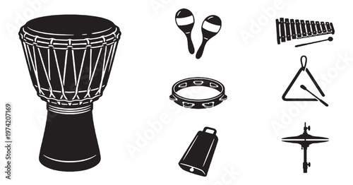 Collection of various musical percussion instruments in a simple black and white illustration.