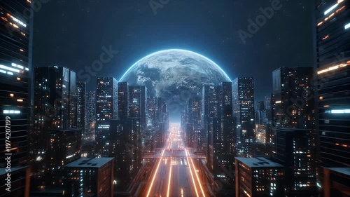 Futuristic cityscape under a glowing Earth.