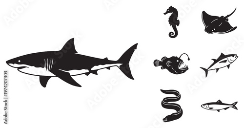 Collection of Silhouettes of Various Marine Animals Including a Shark, Seahorse, Ray, Anglerfish, Tuna, Eel, and Sardine.