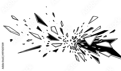 A black and white vector graphic illustration of a shattered glass explosion