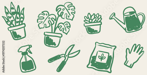 Collection of hand-drawn potted plants and gardening tools with a doodle style.