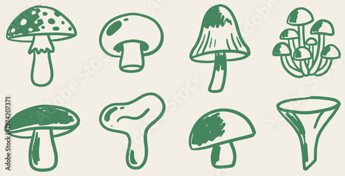 A collection of eight hand-drawn green mushroom illustrations on a cream background, featuring various shapes and sizes.