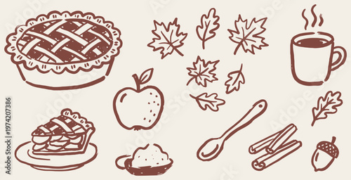 Hand-drawn illustration of autumn elements including apple pie, a slice of pie, hot beverage, cinnamon sticks, acorn, and fall leaves.