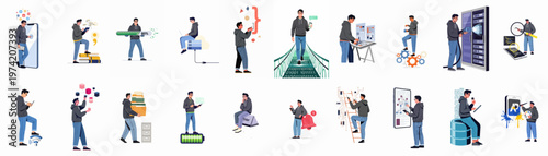 Collection of flat vector illustrations depicting a male IT specialist engaged in various software development, data management, and technological tasks.