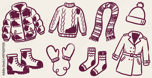 Collection of hand-drawn winter clothing items including a puffer jacket, sweater, scarf, hat, boots, mittens, socks, and coat.