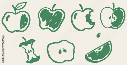 Collection of stylized green apples in various states of consumption, including whole, bitten, sliced, and cores, on a light background.