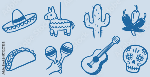 Collection of hand-drawn Mexican cultural icons including a sombrero, pinata, cactus, and guitar.