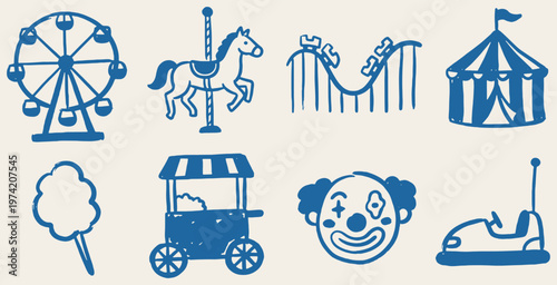 Collection of hand-drawn amusement park icons including a Ferris wheel, carousel horse, roller coaster, circus tent, cotton candy, food cart, clown face, and bumper car.