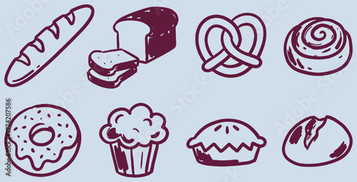 A collection of hand-drawn icons representing various baked goods and bread items.
