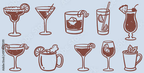 Collection of various cocktail glasses and drinks with garnishes, presented in a flat design style.
