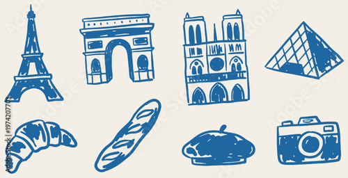 Collection of hand-drawn iconic Parisian landmarks and symbols in blue ink.