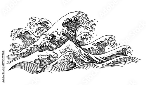 A black and white vector illustration of a large wave crashing