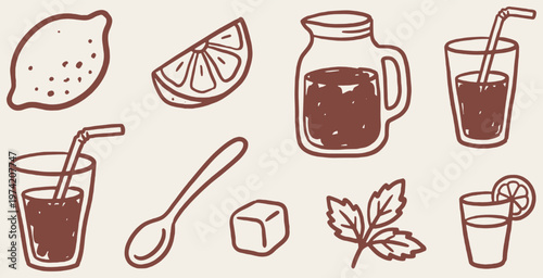 Hand-drawn collection of ingredients and drinks, including lemons, glasses, and a spoon.