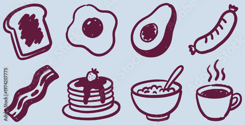 Hand-drawn icons representing a delicious and healthy breakfast meal with toast, eggs, avocado, sausage, bacon, pancakes, cereal, and coffee.