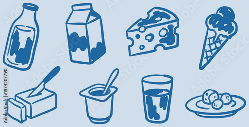 Collection of hand-drawn dairy products and ice cream in blue outline on a light blue background.