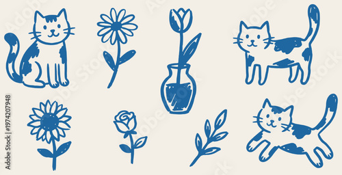 Cute hand-drawn doodle set of cats and flowers in blue ink on a cream background.
