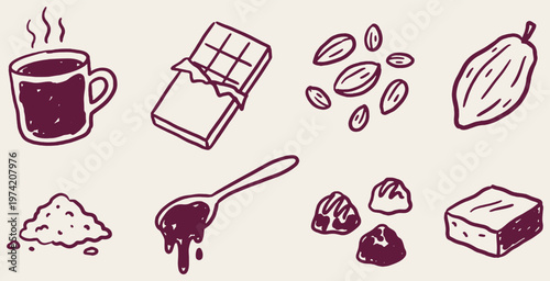 Quadro su tela Hand-drawn collection of chocolate-related items including a mug of hot chocolate, chocolate bar, cocoa beans, almonds, and candies