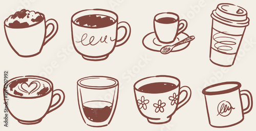 Collection of hand-drawn coffee cups and mugs in various styles, showcasing different beverages and designs.