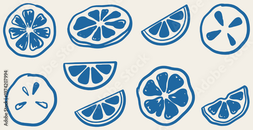 Collection of hand-drawn blue citrus fruit slices on a light background, representing freshness and summer.