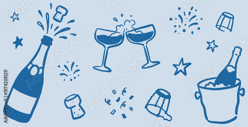 Celebratory blue line art illustration of champagne bottle popping, clinking glasses, and fireworks for a festive occasion.