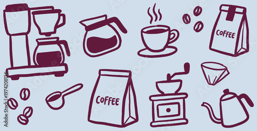 Collection of hand-drawn coffee-related icons including a coffee maker, beans, cups, and bags.