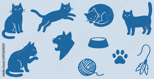 Collection of Blue Cat Silhouettes in Various Poses and Activities.