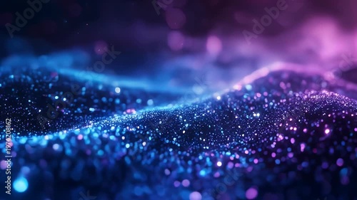 Abstract blue and purple bokeh background with shimmering glitter.