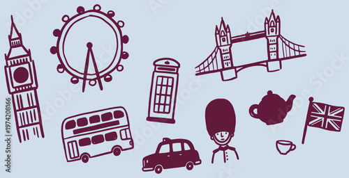 Collection of iconic London landmarks and symbols hand-drawn in a doodle style.