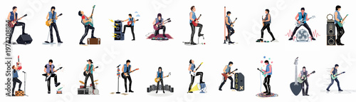Extensive Collection of Flat Vector Illustrations Featuring Rock and Heavy Metal Guitarists in Various Iconic Performance Poses on a White Background