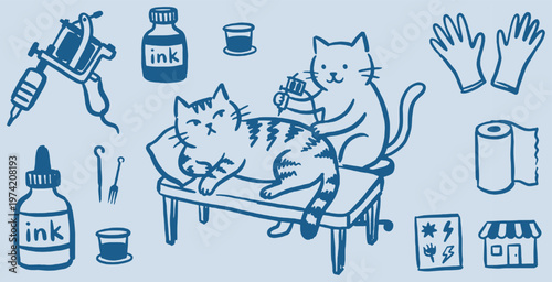 Cute cartoon cat getting a tattoo from another cat with tattoo equipment and supplies.